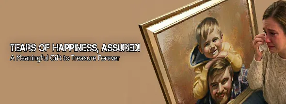 Woman holding a framed custom oil painting of a father and child beside the original photo, highlighting emotional, meaningful portrait gifts.